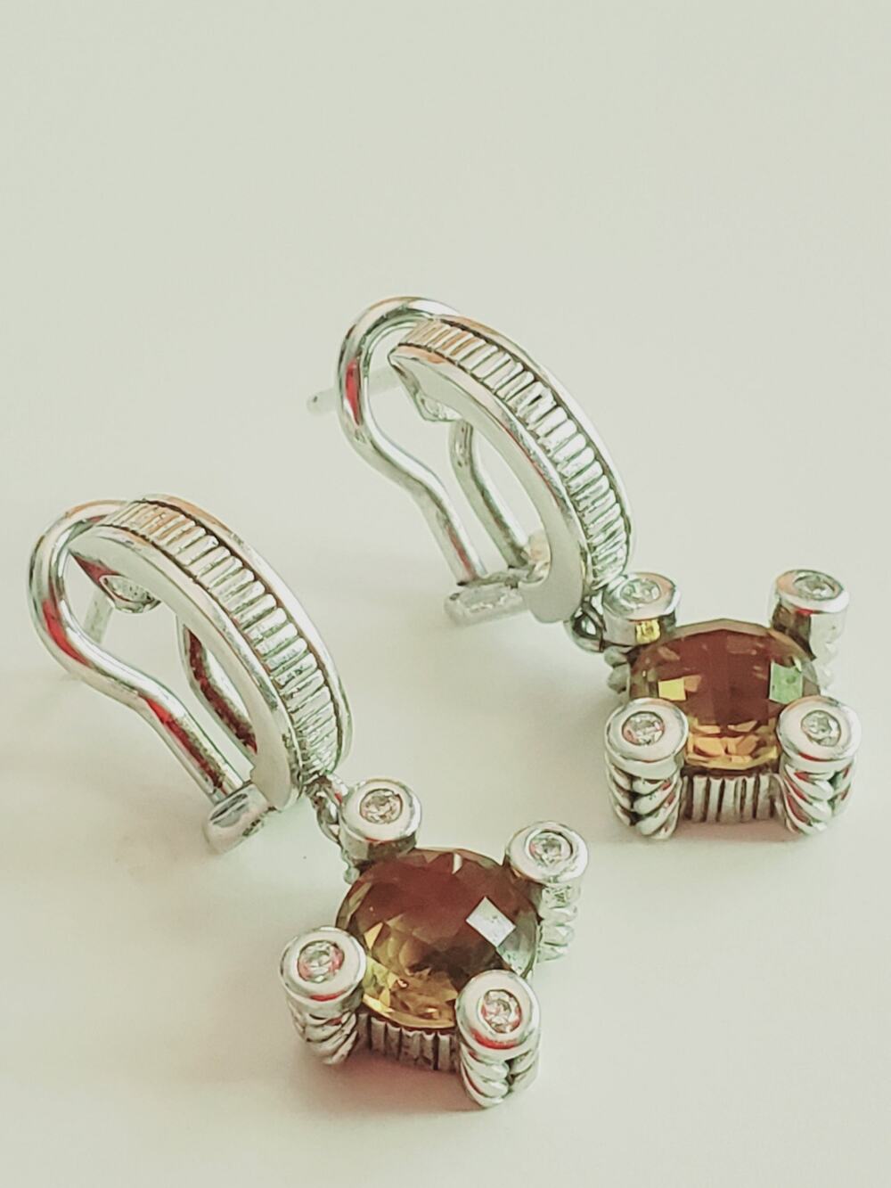 Vintage Judith Ripka Brown Smoky Quartz Sterling Silver 925 Drop Earrings 1in